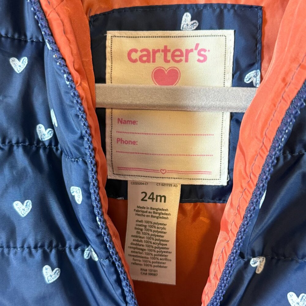Carters Girls Coat 24 Months Hooded Puffer Jacket Blue White Hearts Print - Picture 5 of 5
